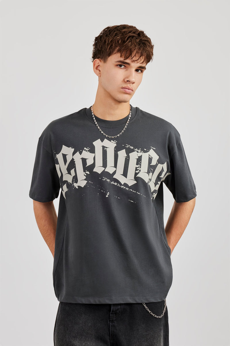 Cernucci Chest Print Oversized T-Shirt - Charcoal
