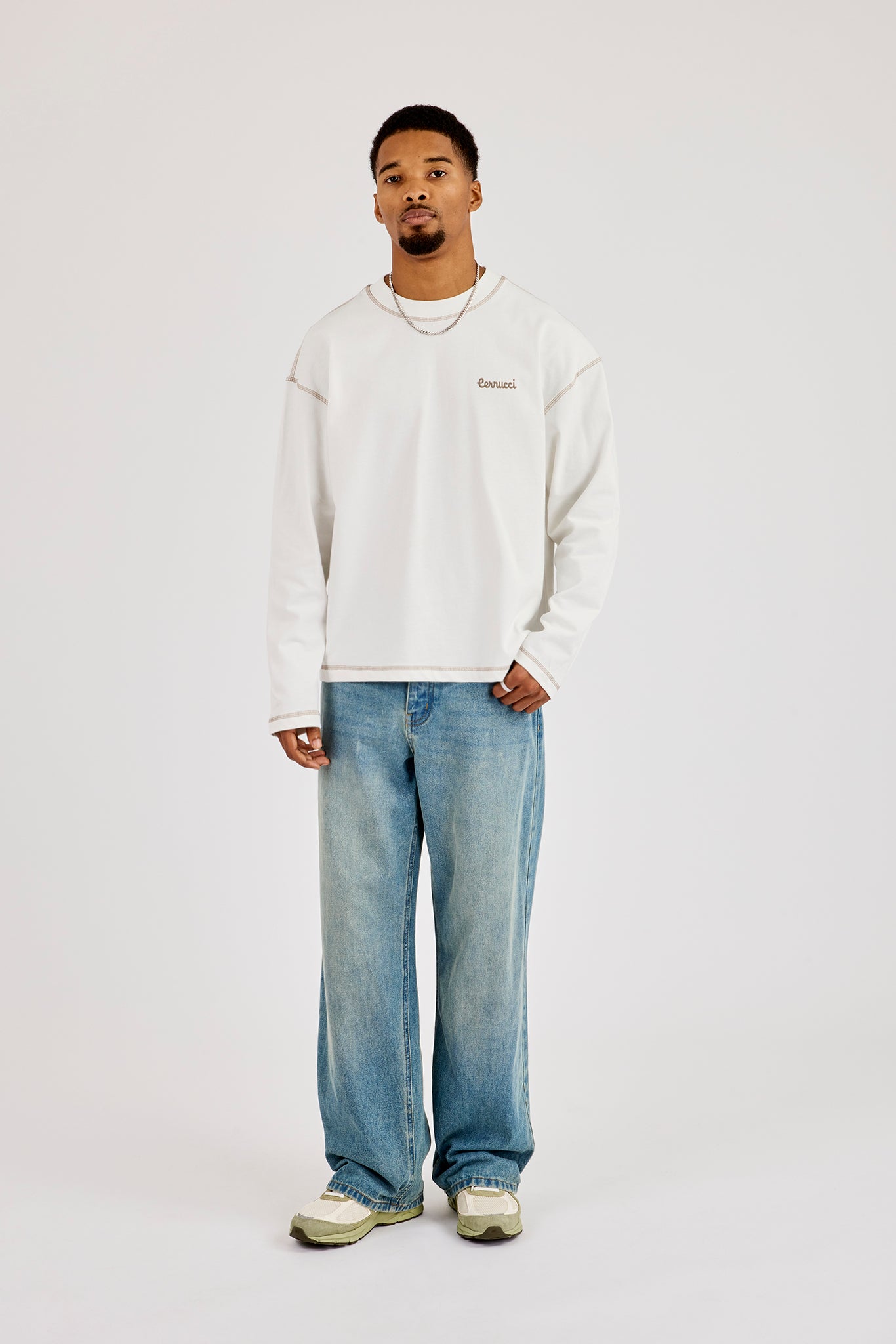 Long Sleeve Contrast Stitch Logo T-Shirt - Off White