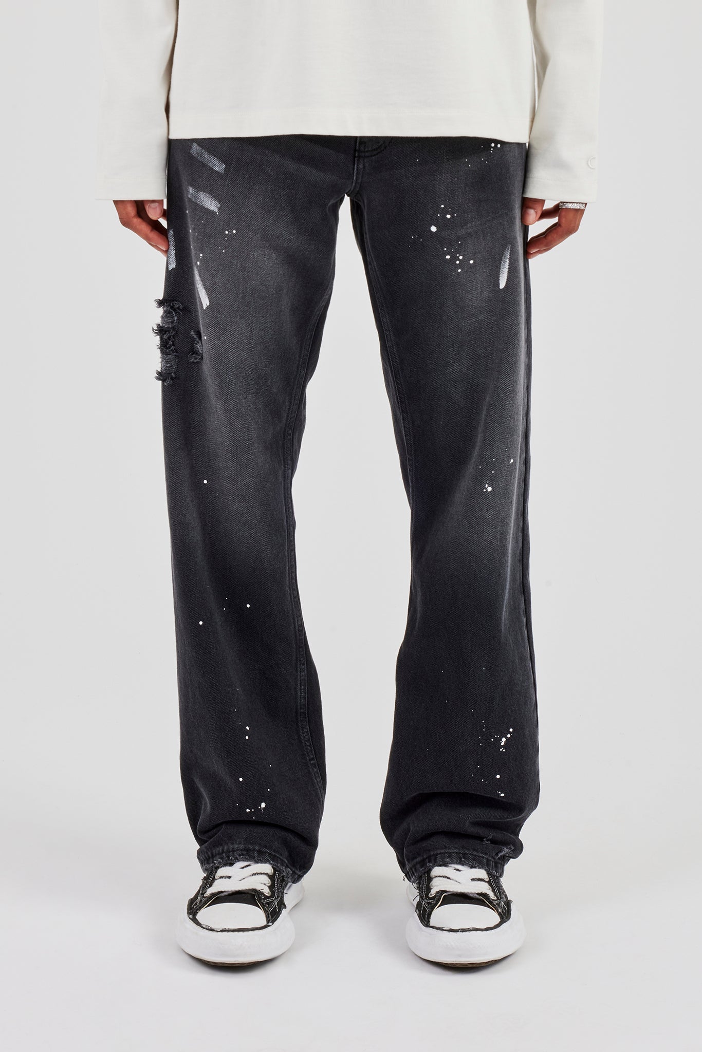 Distressed Paint Splatter Relaxed Jean - Washed Black
