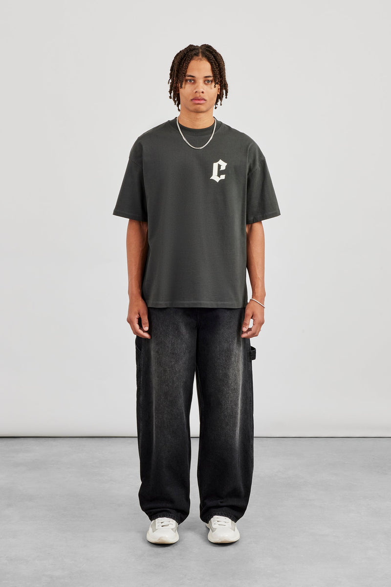Oversized Gothic Font Print T-Shirt - Charcoal