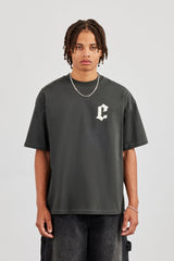 Oversized Gothic Font Print T-Shirt - Charcoal