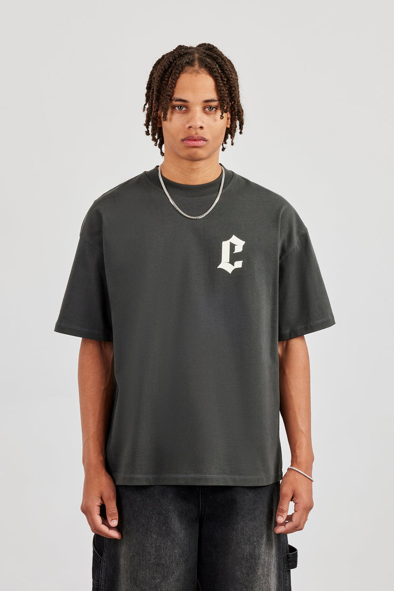 Oversized Gothic Font Print T-Shirt - Charcoal