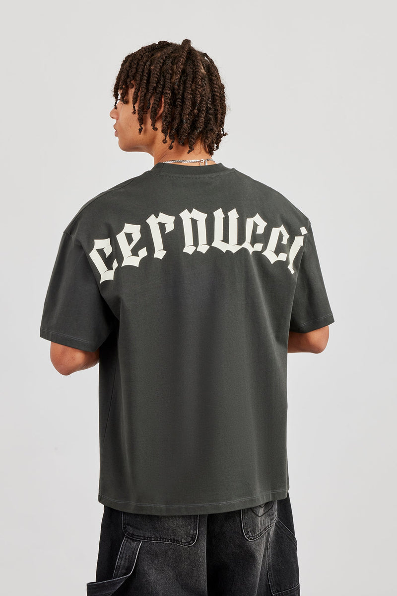Oversized Gothic Font Print T-Shirt - Charcoal