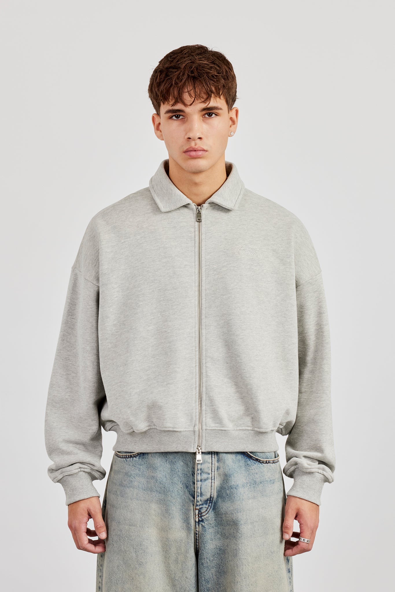 Jersey Zip Through Collared Jacket - Grey Marl