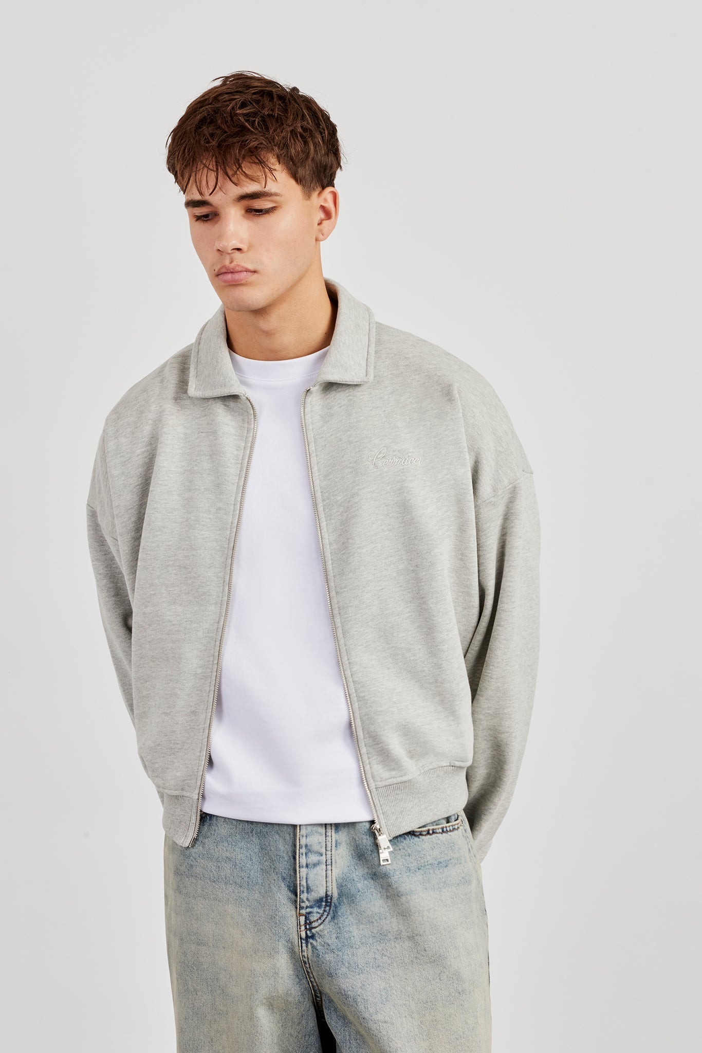 Jersey Zip Through Collared Jacket - Grey Marl