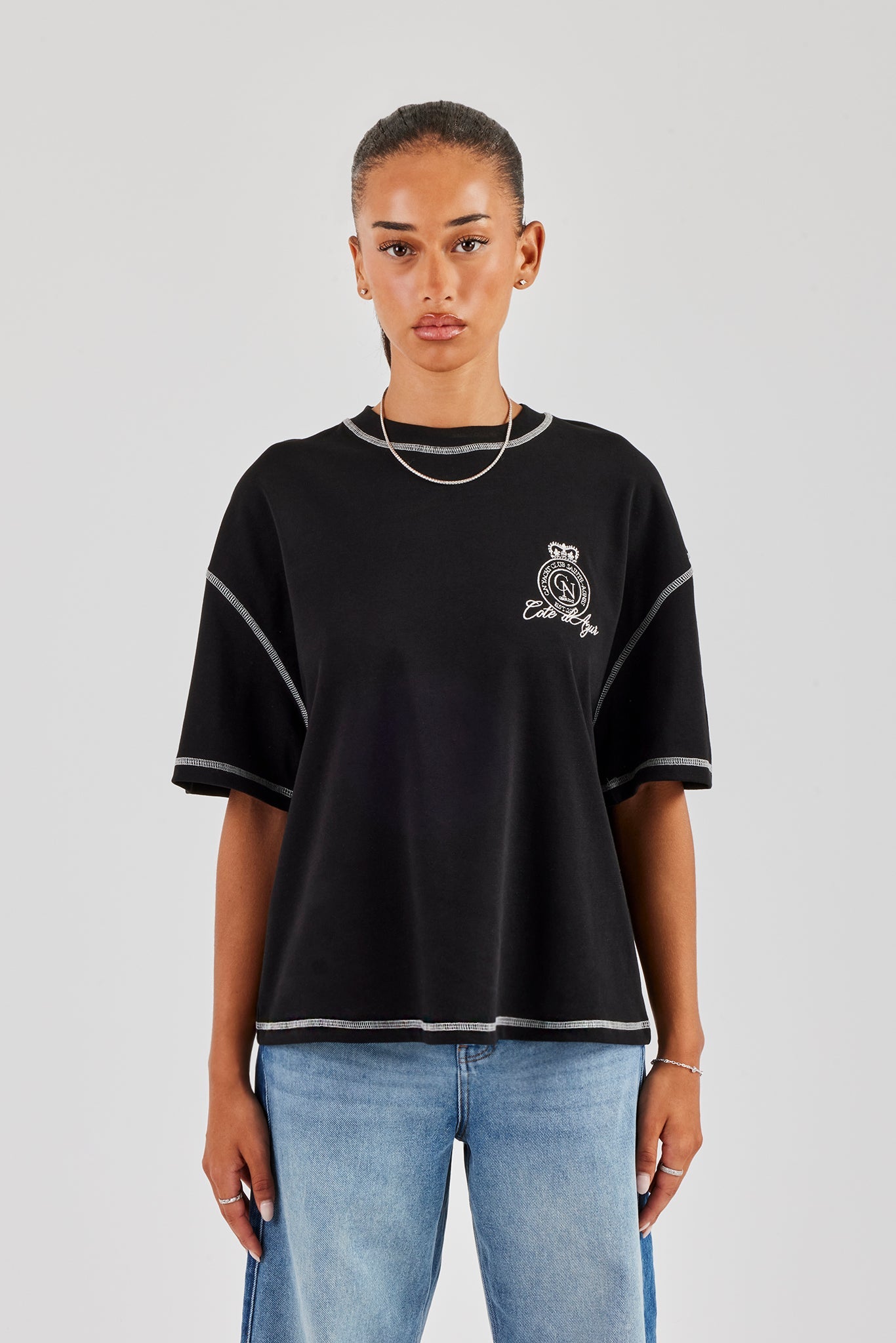 Yacht Club Oversized Embroidered T-Shirt - Black