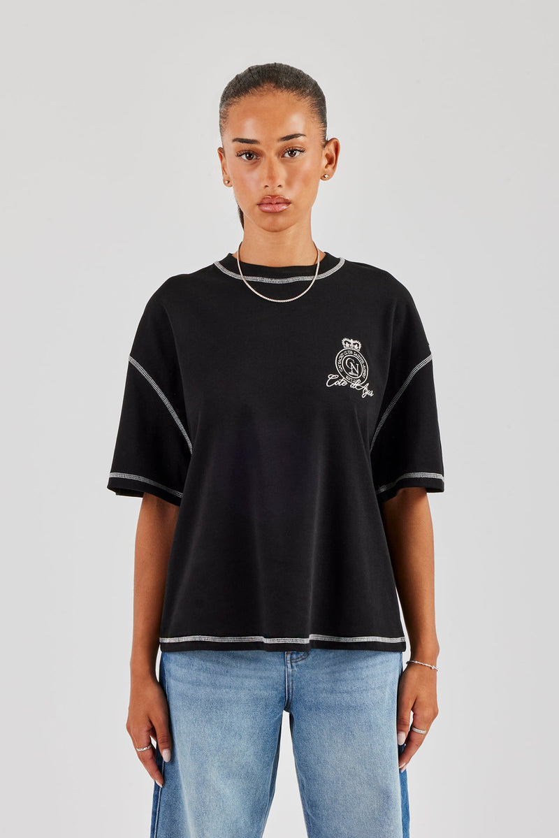 Yacht Club Oversized Embroidered T-Shirt - Black