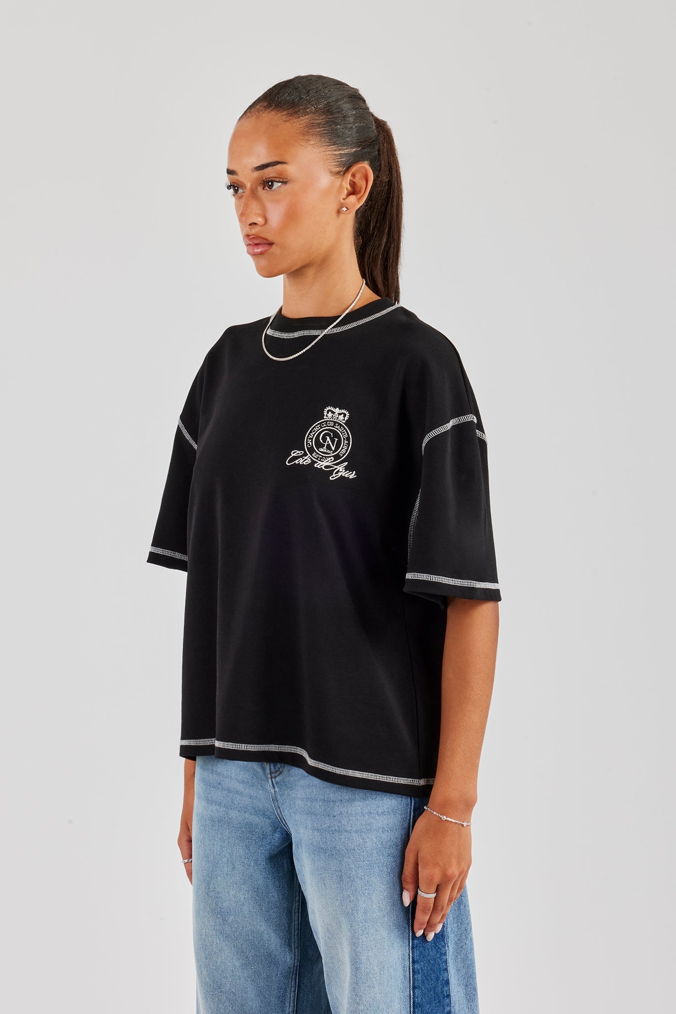 Yacht Club Oversized Embroidered T-Shirt - Black