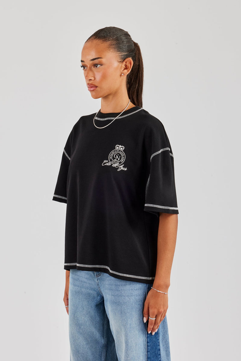Yacht Club Oversized Embroidered T-Shirt - Black