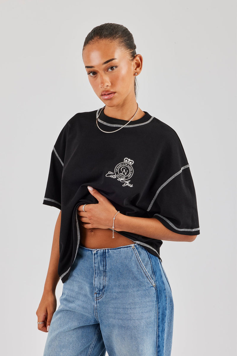 Yacht Club Oversized Embroidered T-Shirt - Black