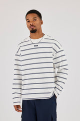 Long Sleeve Double Stripe Logo Embroidered T-Shirt - White