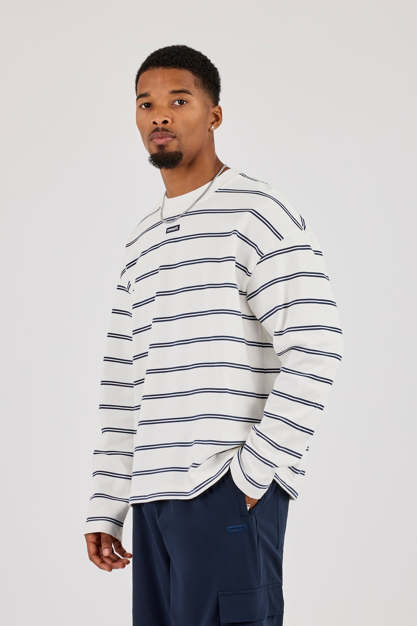 Long Sleeve Double Stripe Logo Embroidered T-Shirt - White