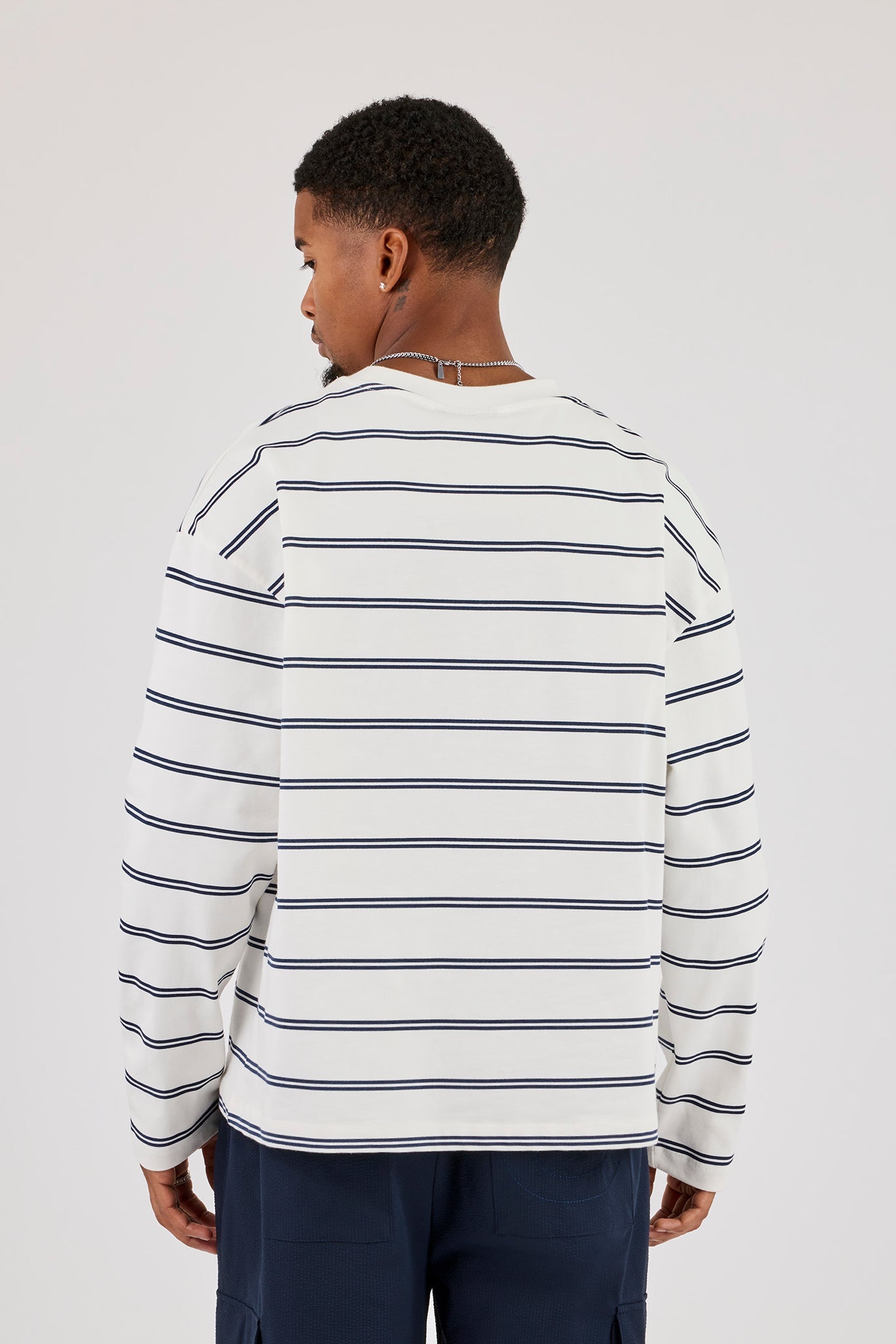 Long Sleeve Double Stripe Logo Embroidered T-Shirt - White