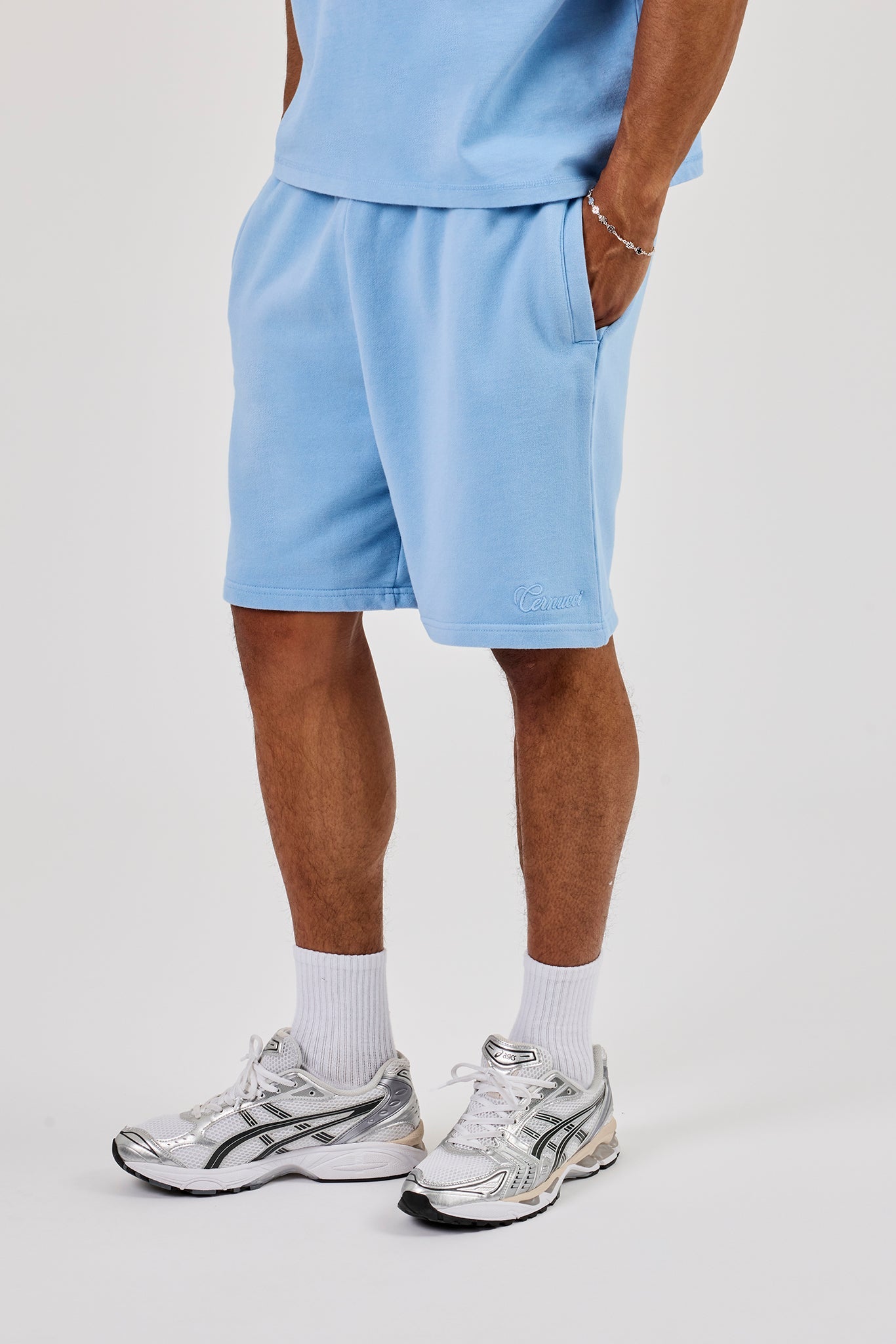 Washed Rope Embroidered Relaxed Jersey Short - Light Blue