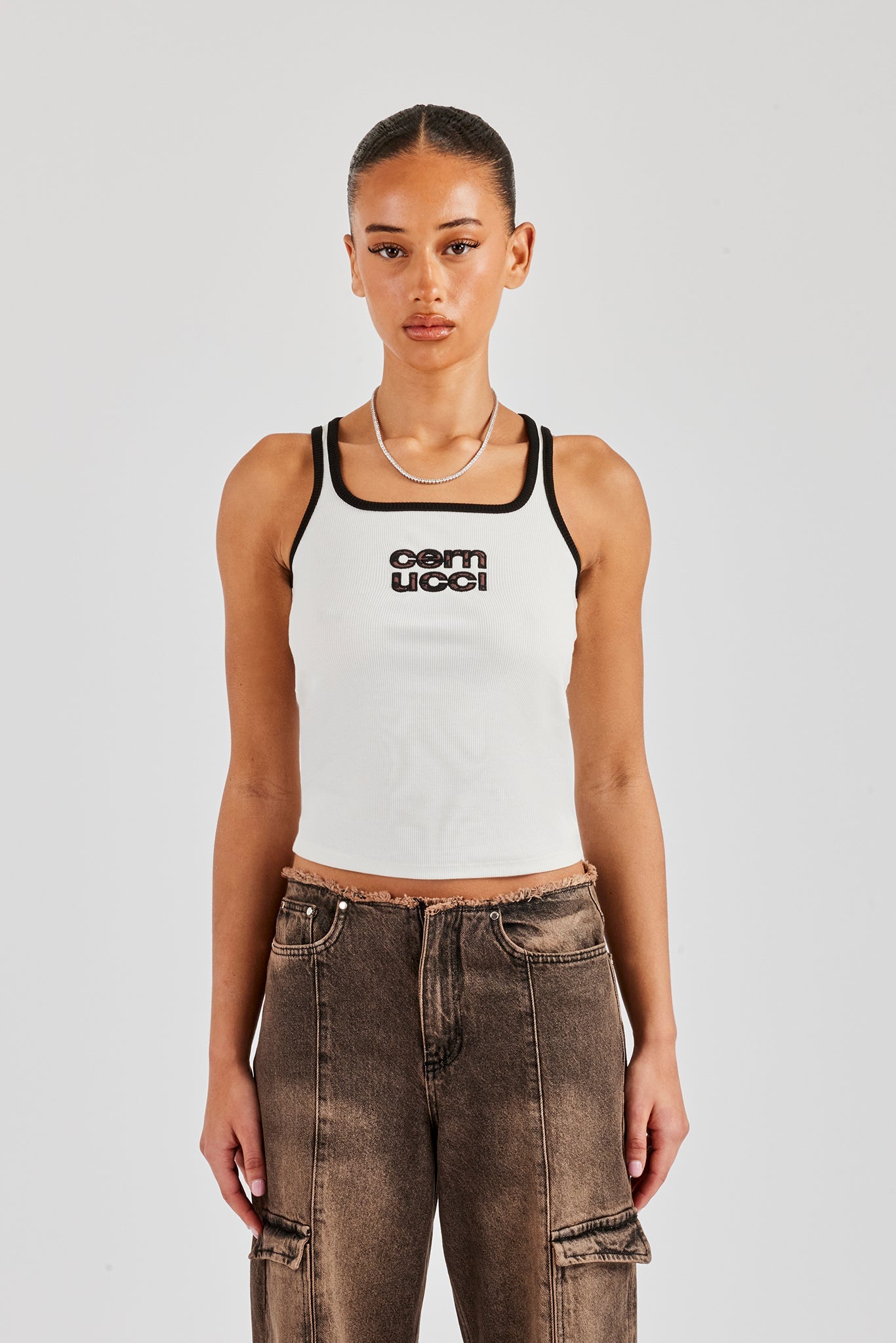 Rib Leopard Applique Vest Top - White