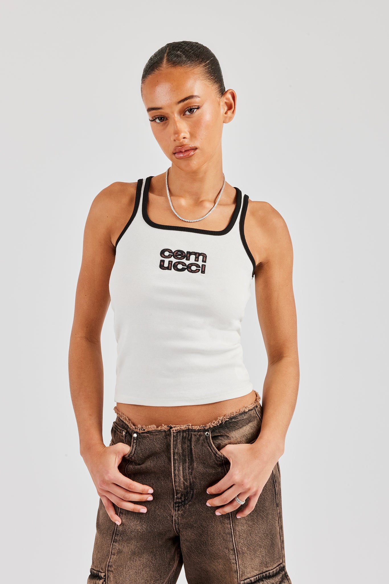 Rib Leopard Applique Vest Top - White