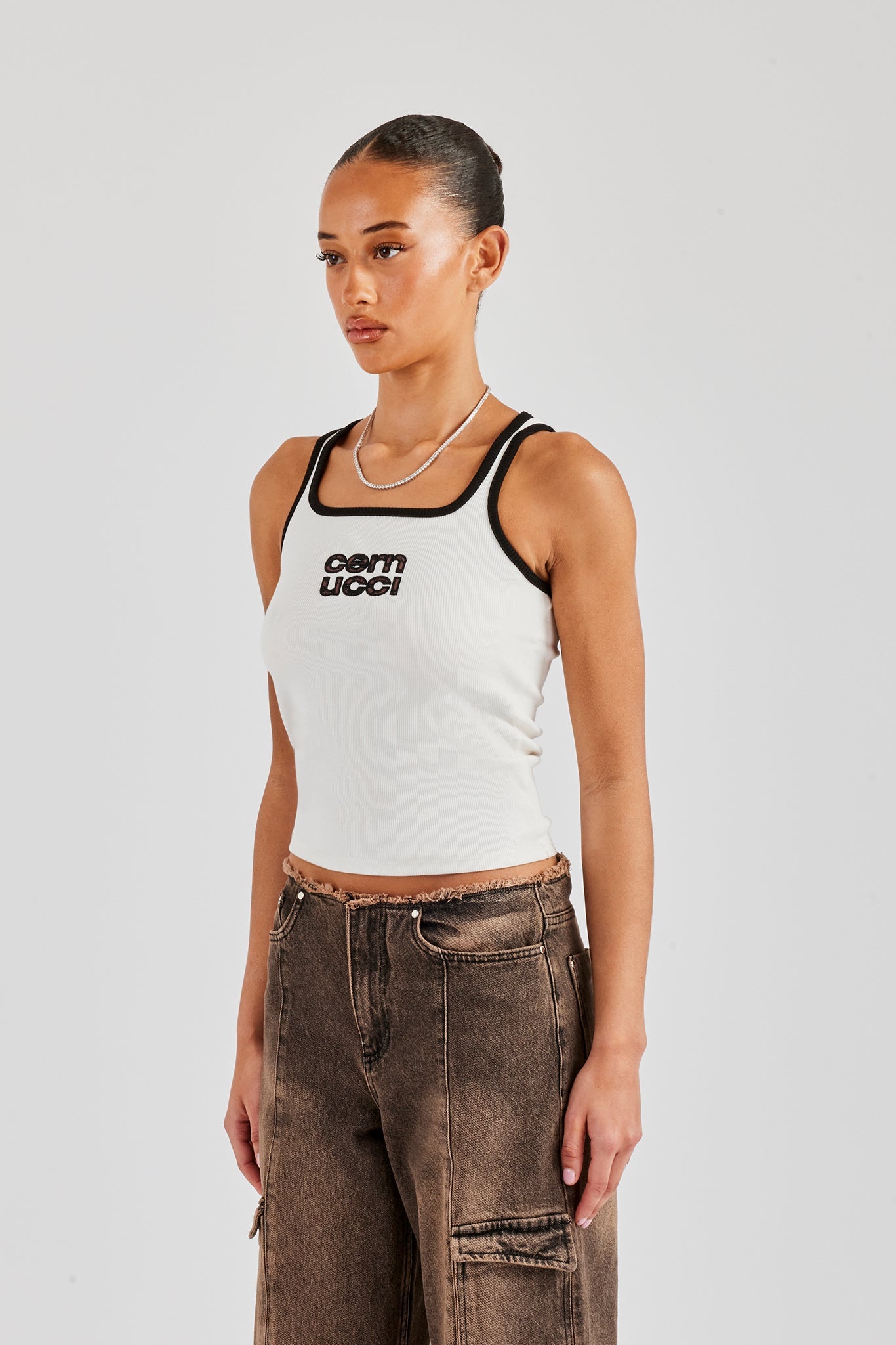 Rib Leopard Applique Vest Top - White