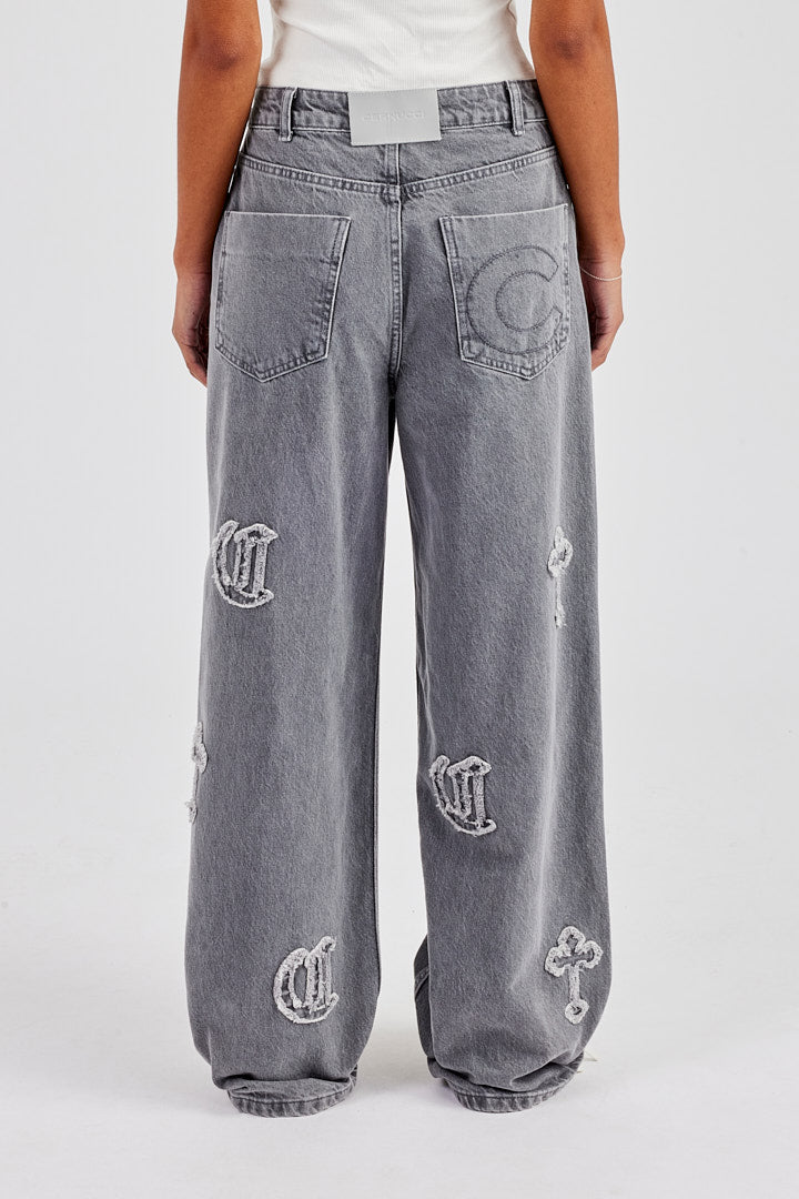 Ladies Raw Edge Applique Cross Baggy Jean - Washed Grey