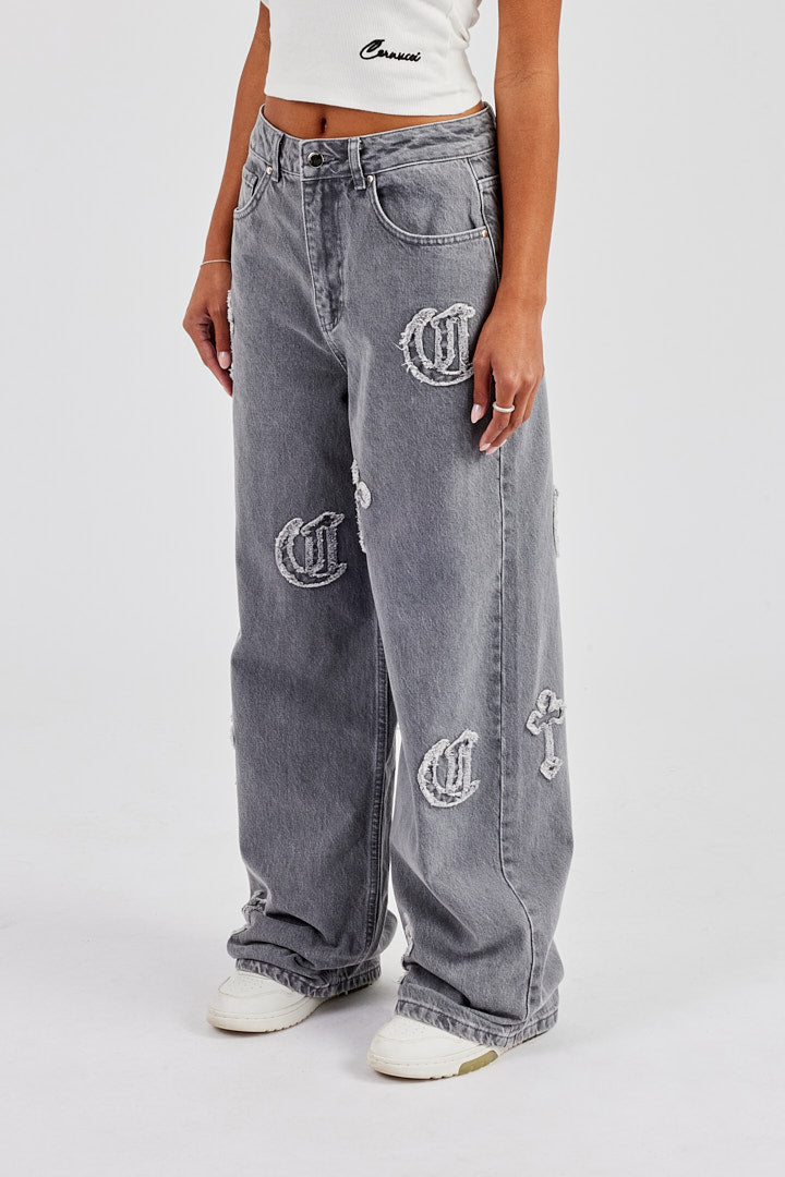 Ladies Raw Edge Applique Cross Baggy Jean - Washed Grey