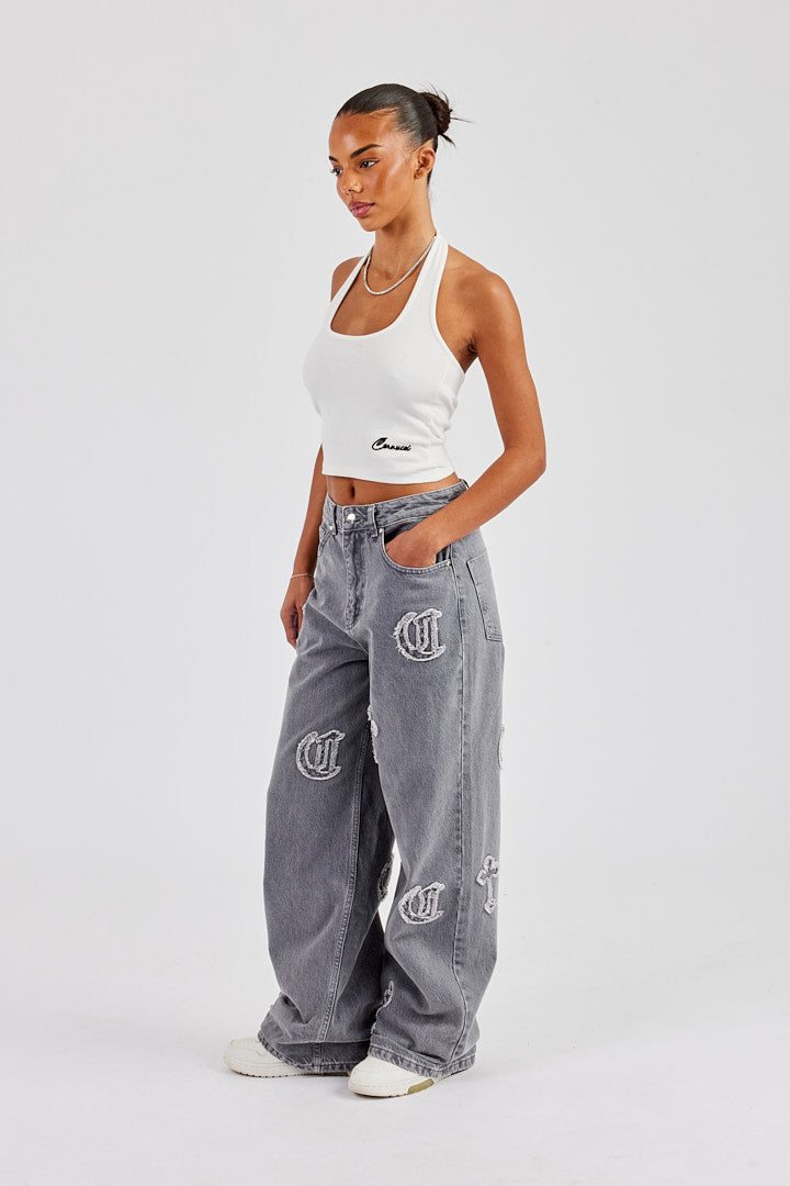 Ladies Raw Edge Applique Cross Baggy Jean - Washed Grey