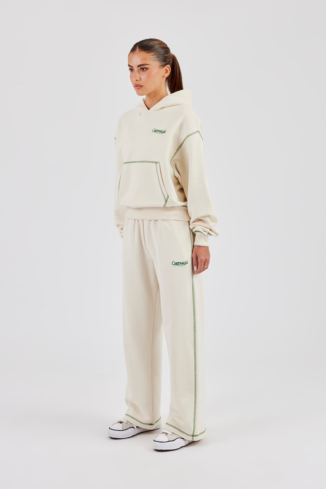 New York Contrast Stitch Boxy Hoodie & Wide Leg Jogger - Off White