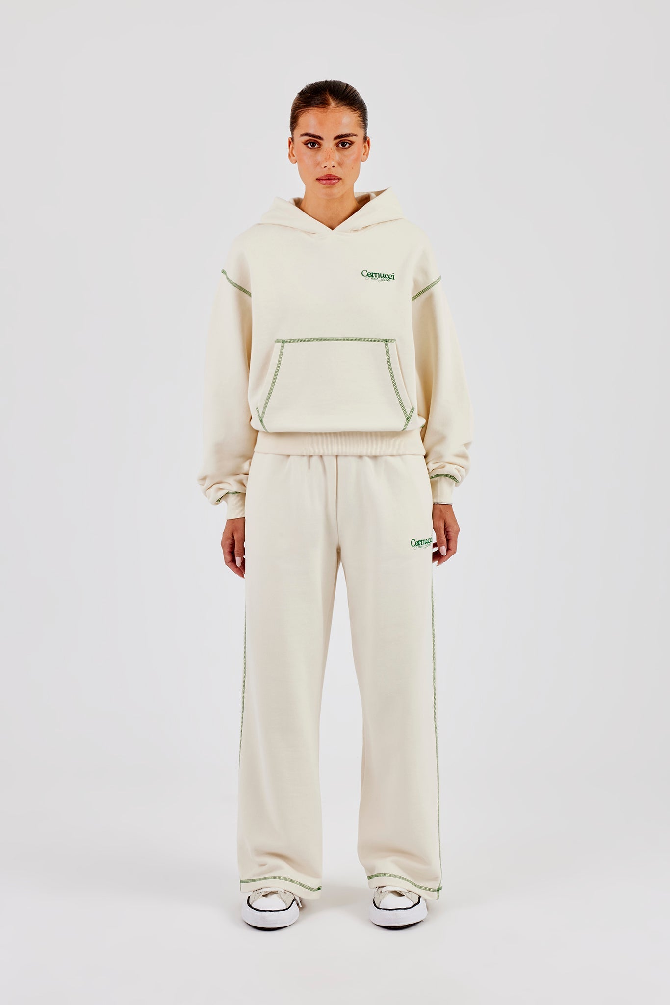 New York Contrast Stitch Boxy Hoodie & Wide Leg Jogger - Off White