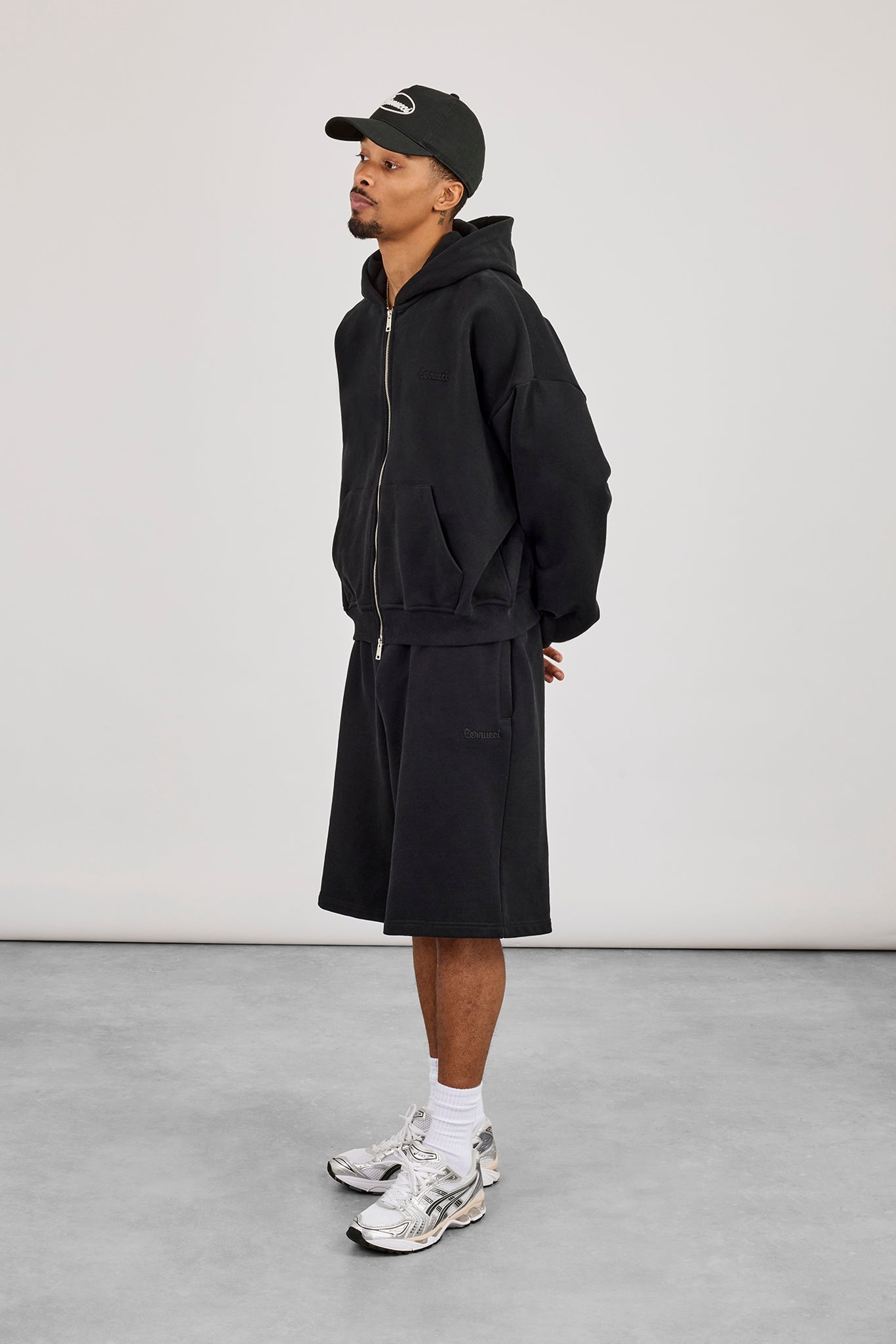 Zip Through Boxy Hoodie & Embroidered Jersey Jort - Black