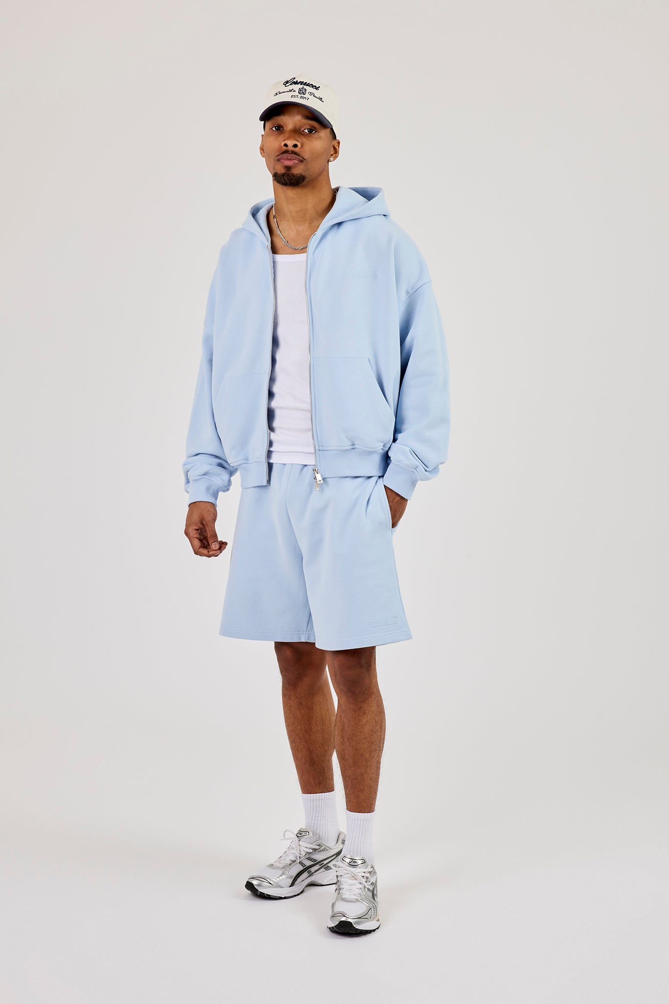 Zip Through Boxy Hoodie & Relaxed Jersey Short - Light Blue