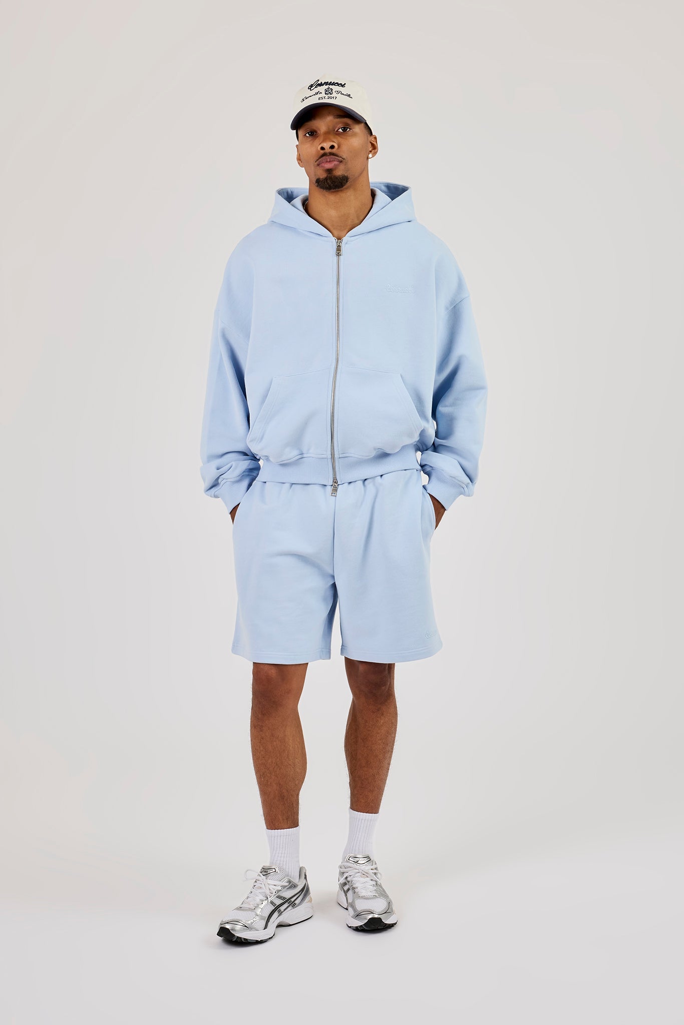 Zip Through Boxy Hoodie & Relaxed Jersey Short - Light Blue
