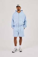Zip Through Boxy Hoodie & Relaxed Jersey Short - Light Blue