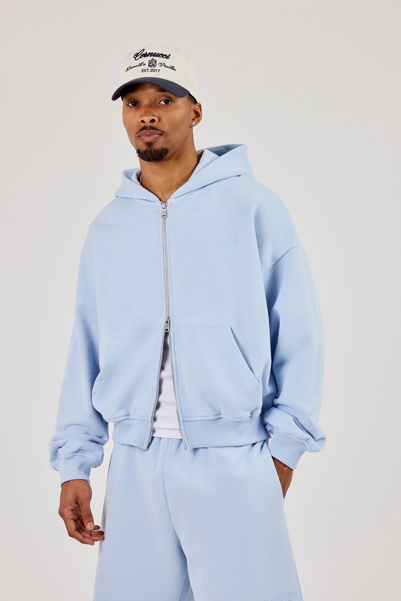 Zip Through Boxy Hoodie - Light Blue