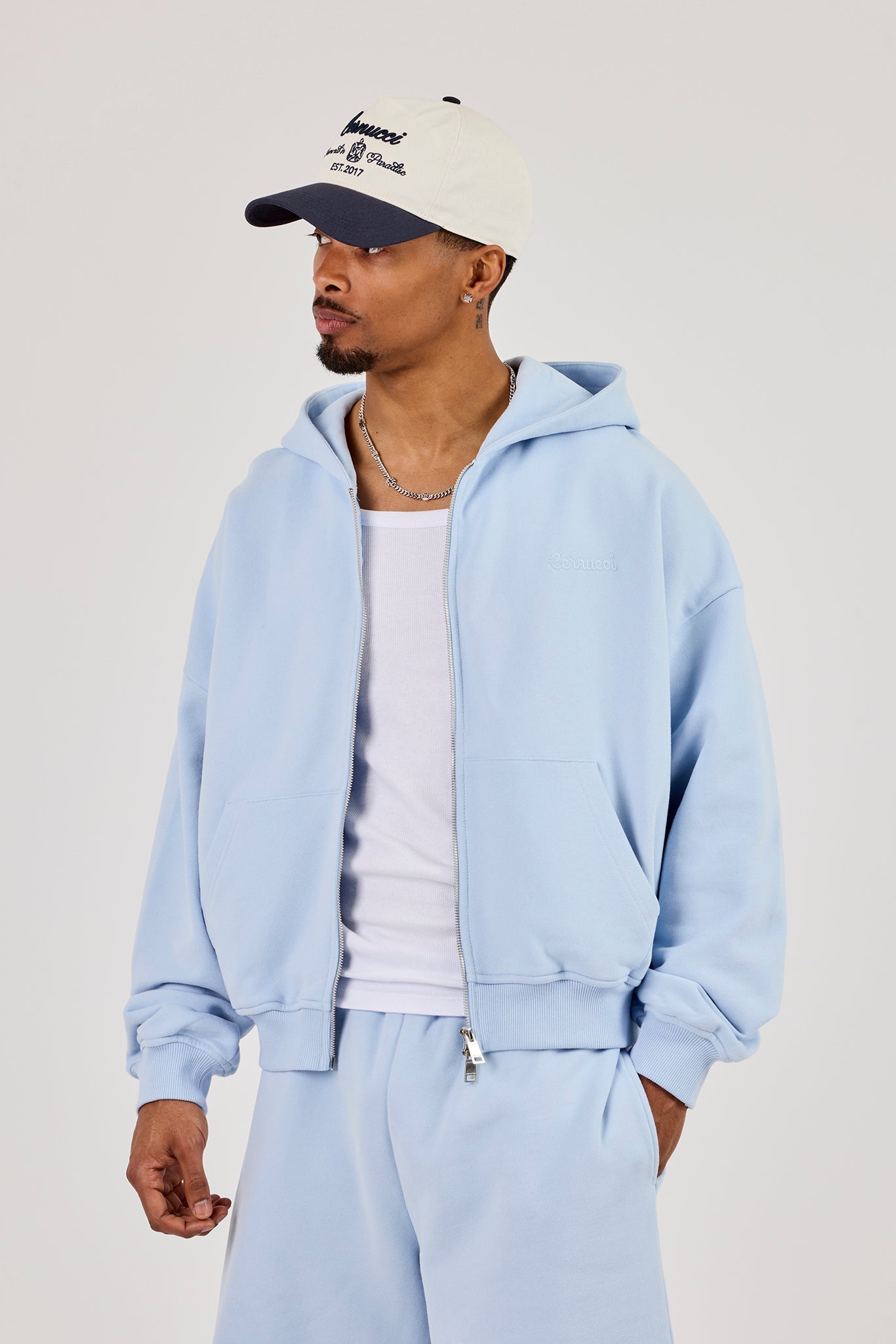 Zip Through Boxy Hoodie - Light Blue