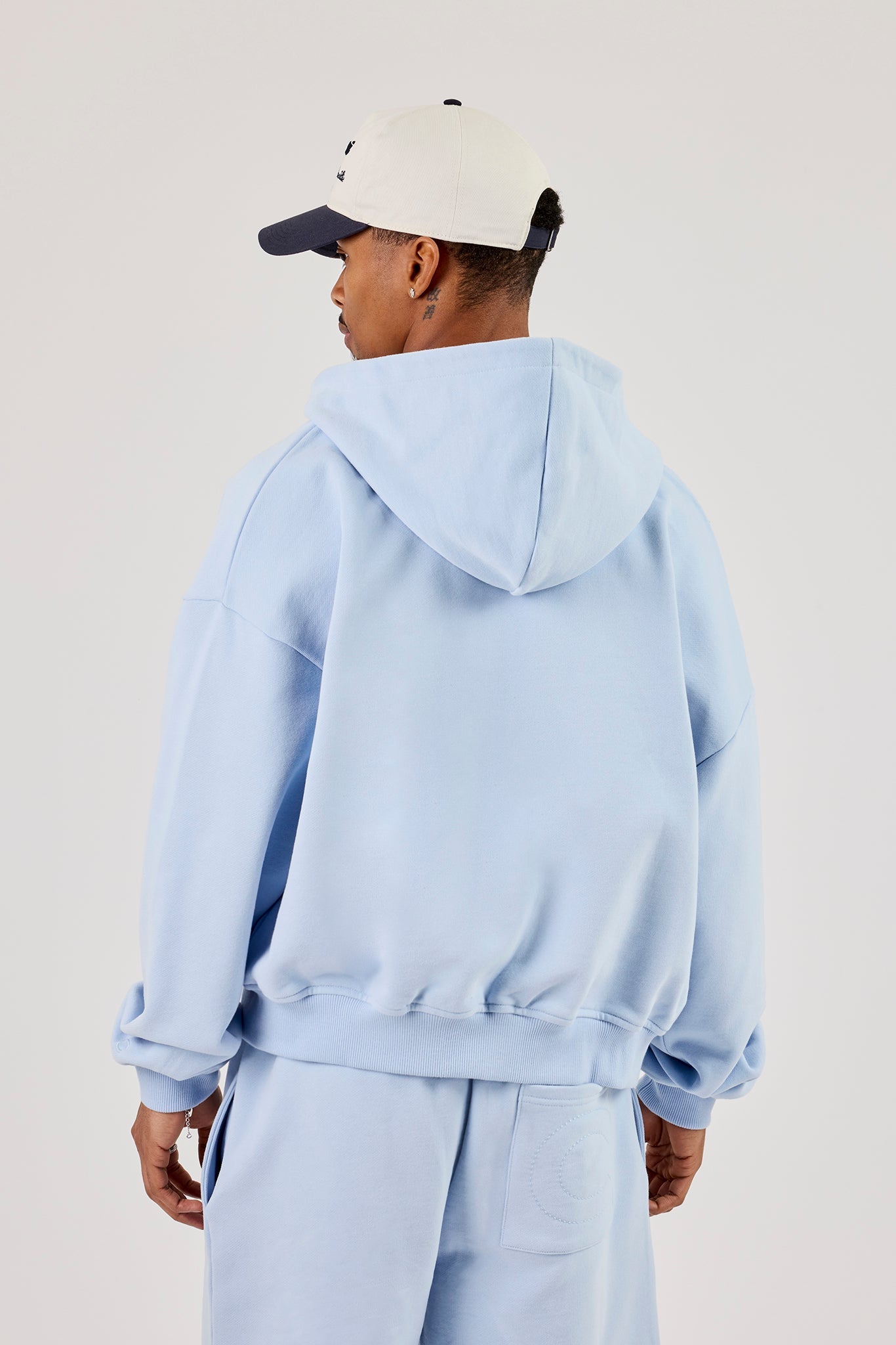 Zip Through Boxy Hoodie - Light Blue