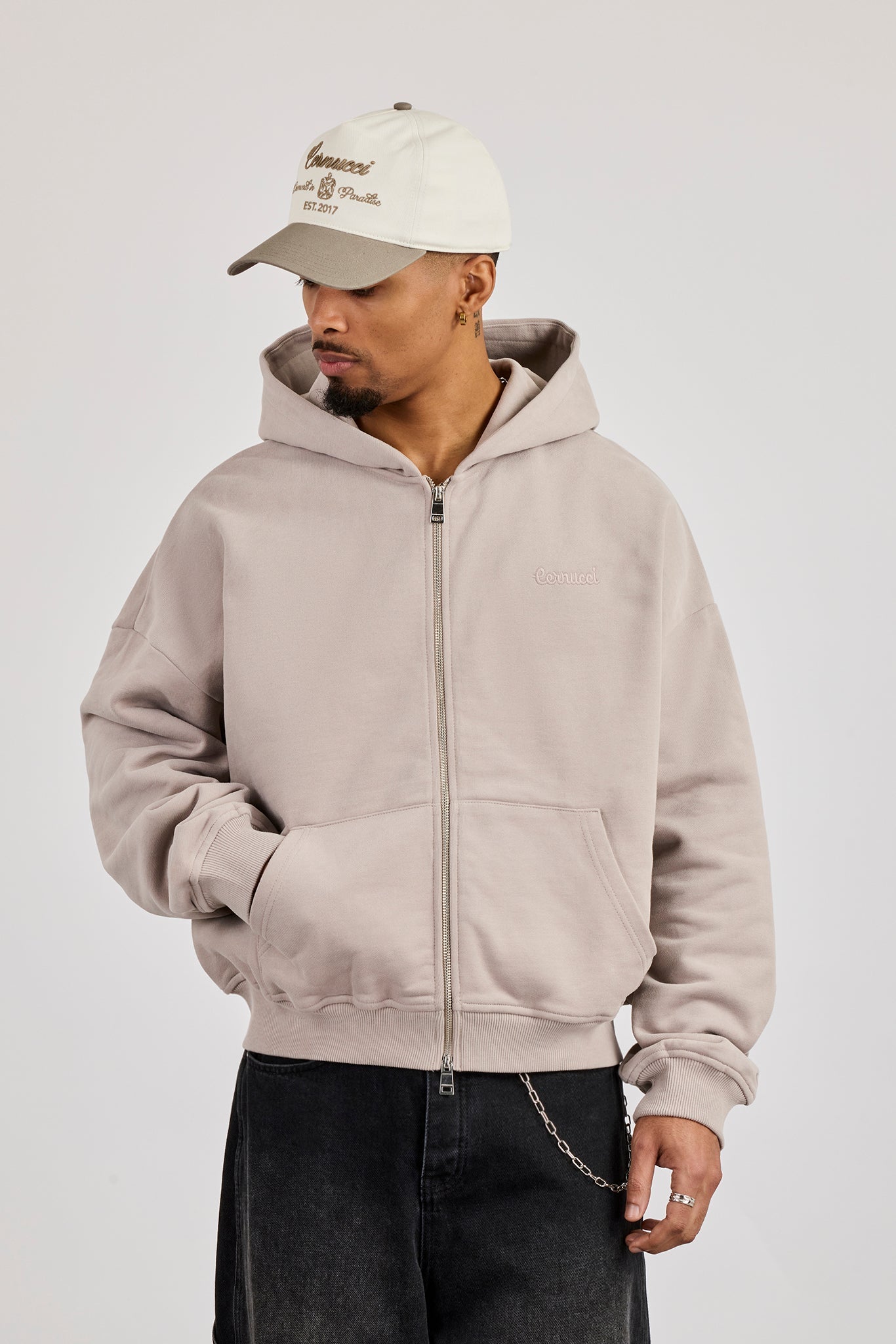 Zip Through Boxy Hoodie - Stone