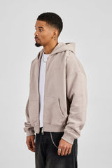 Zip Through Boxy Hoodie - Stone
