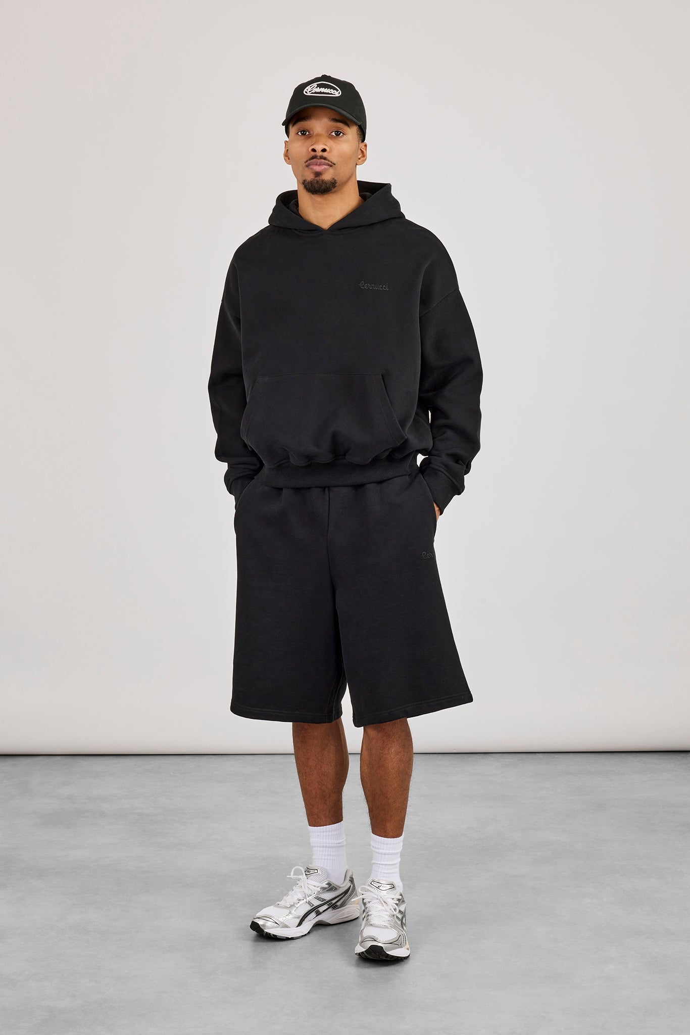 Men's Boxy Hoodie & Embroidered Jersey Jort - Black