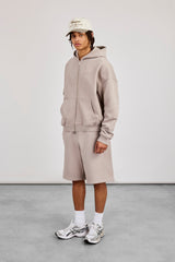 Zip Through Boxy Hoodie & Embroidered Jersey Jort - Stone