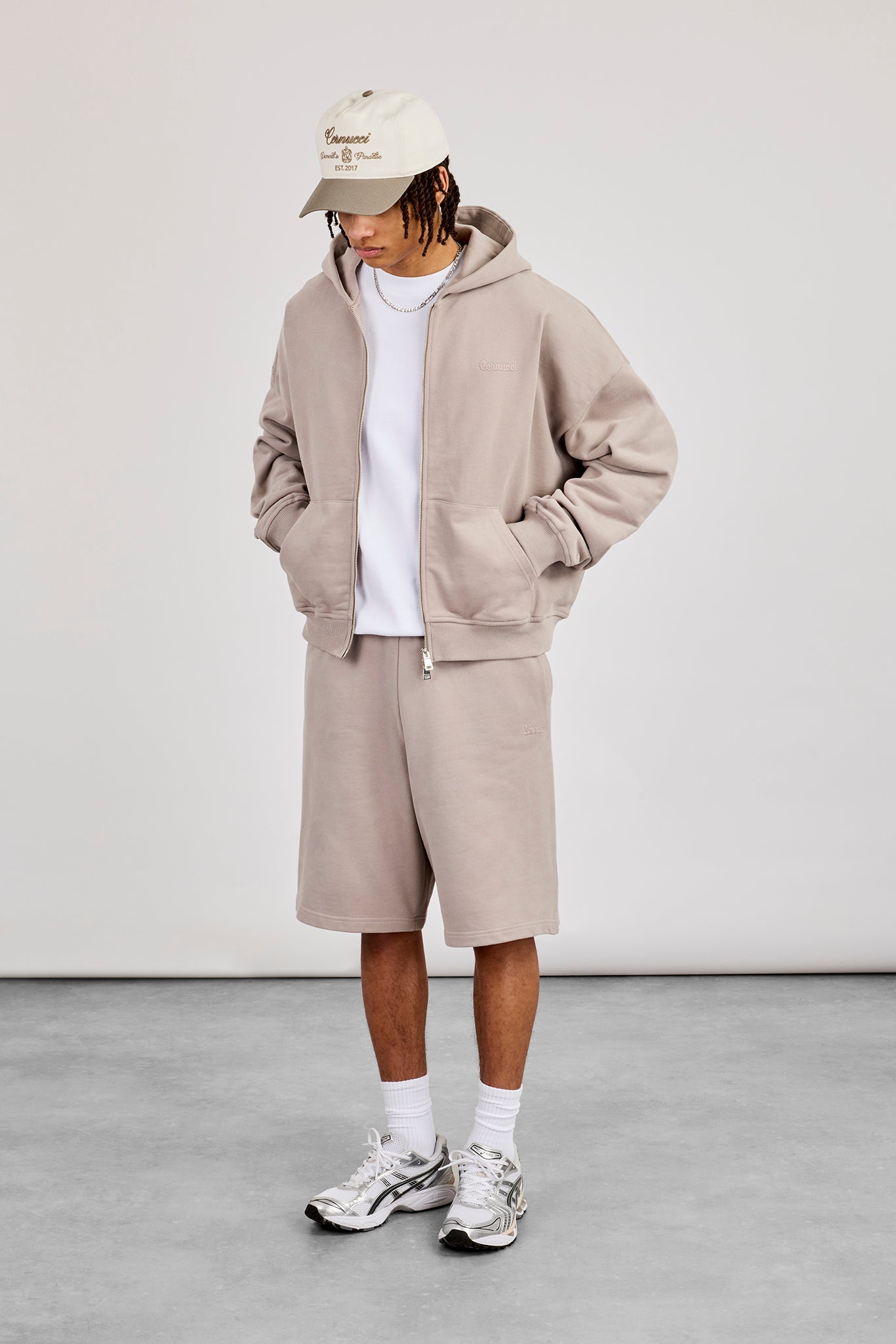Zip Through Boxy Hoodie & Embroidered Jersey Jort - Stone