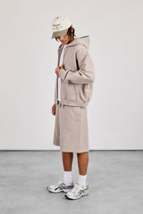 Zip Through Boxy Hoodie & Embroidered Jersey Jort - Stone