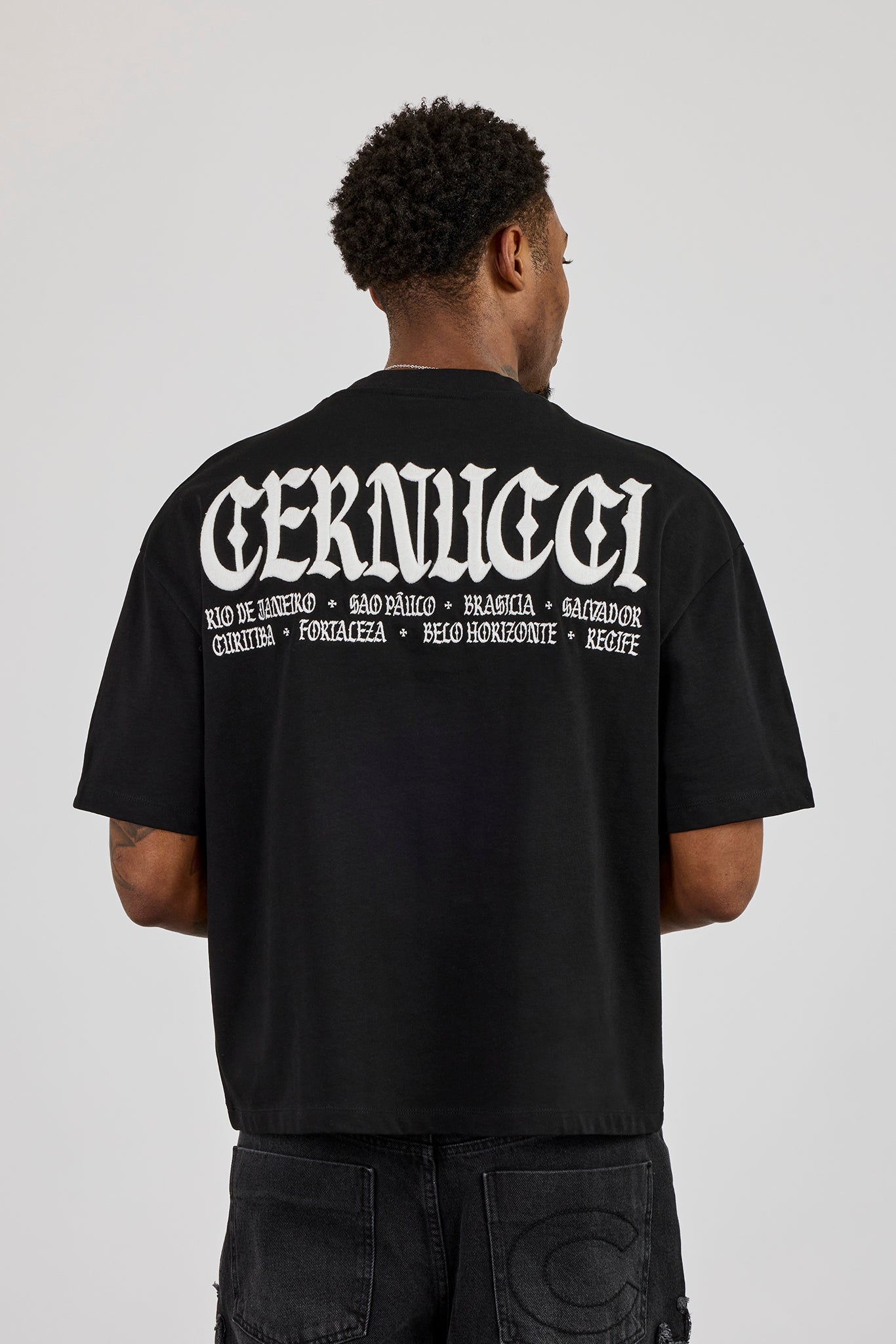 Boxy Cernucci High Build Embroidered T-Shirt - Black