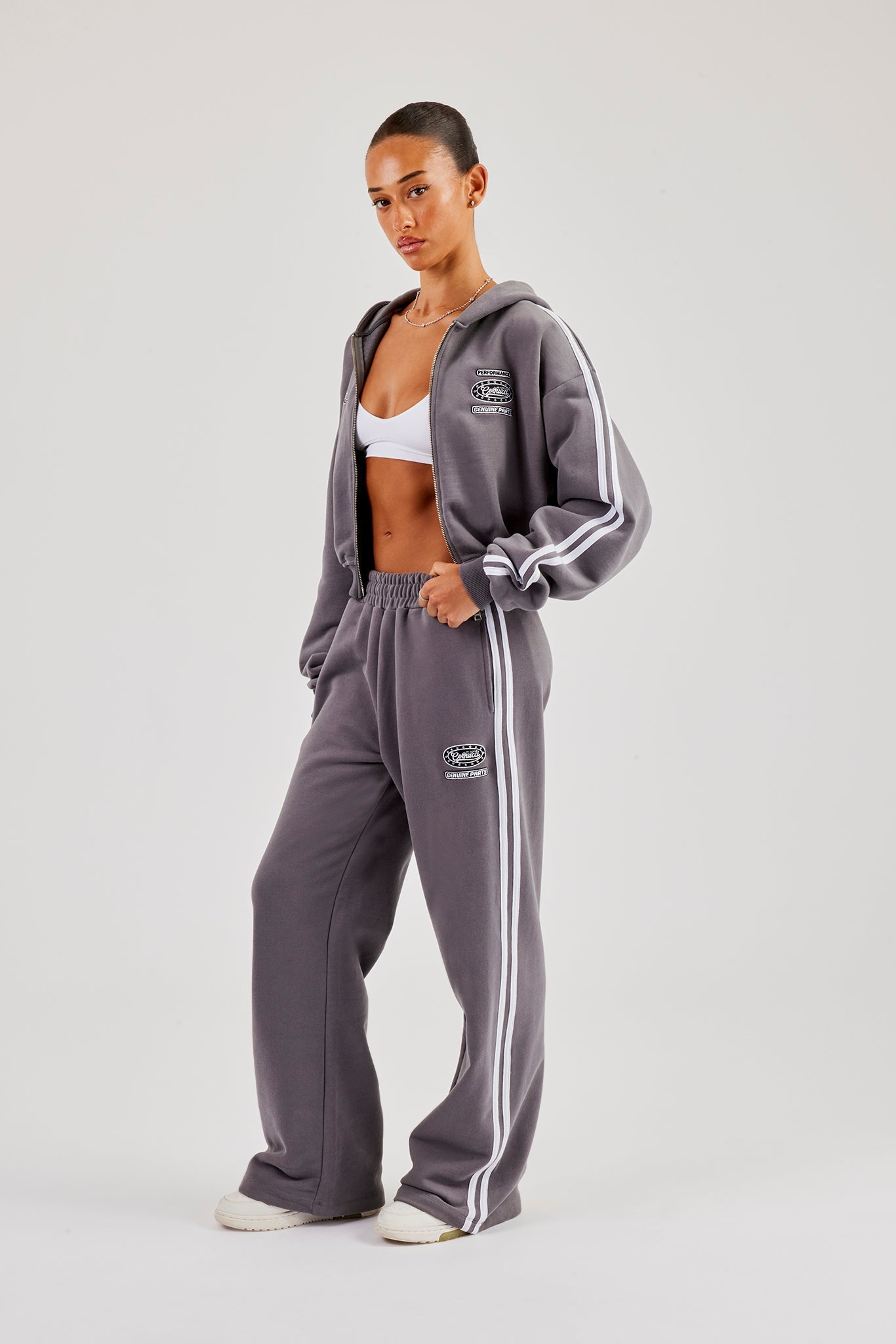 Moto Boxy Zip Through Hoodie & Wide Leg Jogger - Washed Charcoal