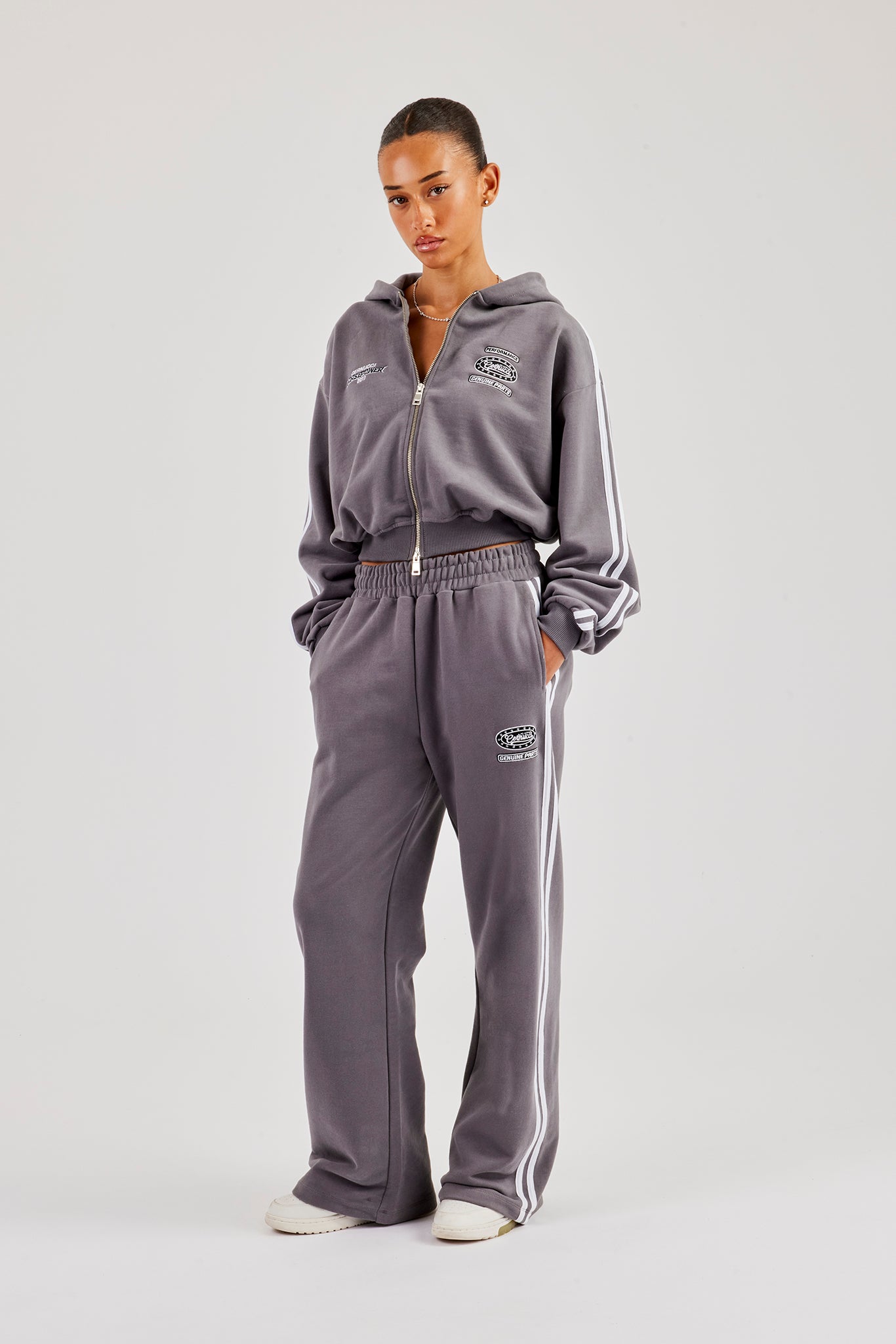 Moto Boxy Zip Through Hoodie & Wide Leg Jogger - Washed Charcoal