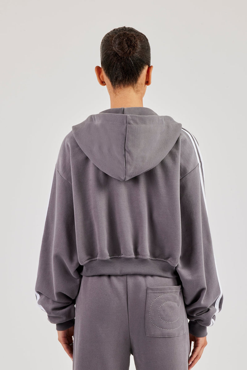 Moto Boxy Zip Through Hoodie - Washed Charcoal