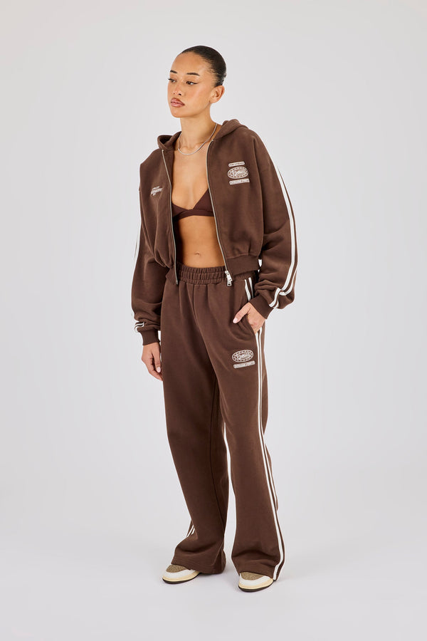 Moto Boxy Zip Through Hoodie & Wide Leg Jogger - Washed Chocolate