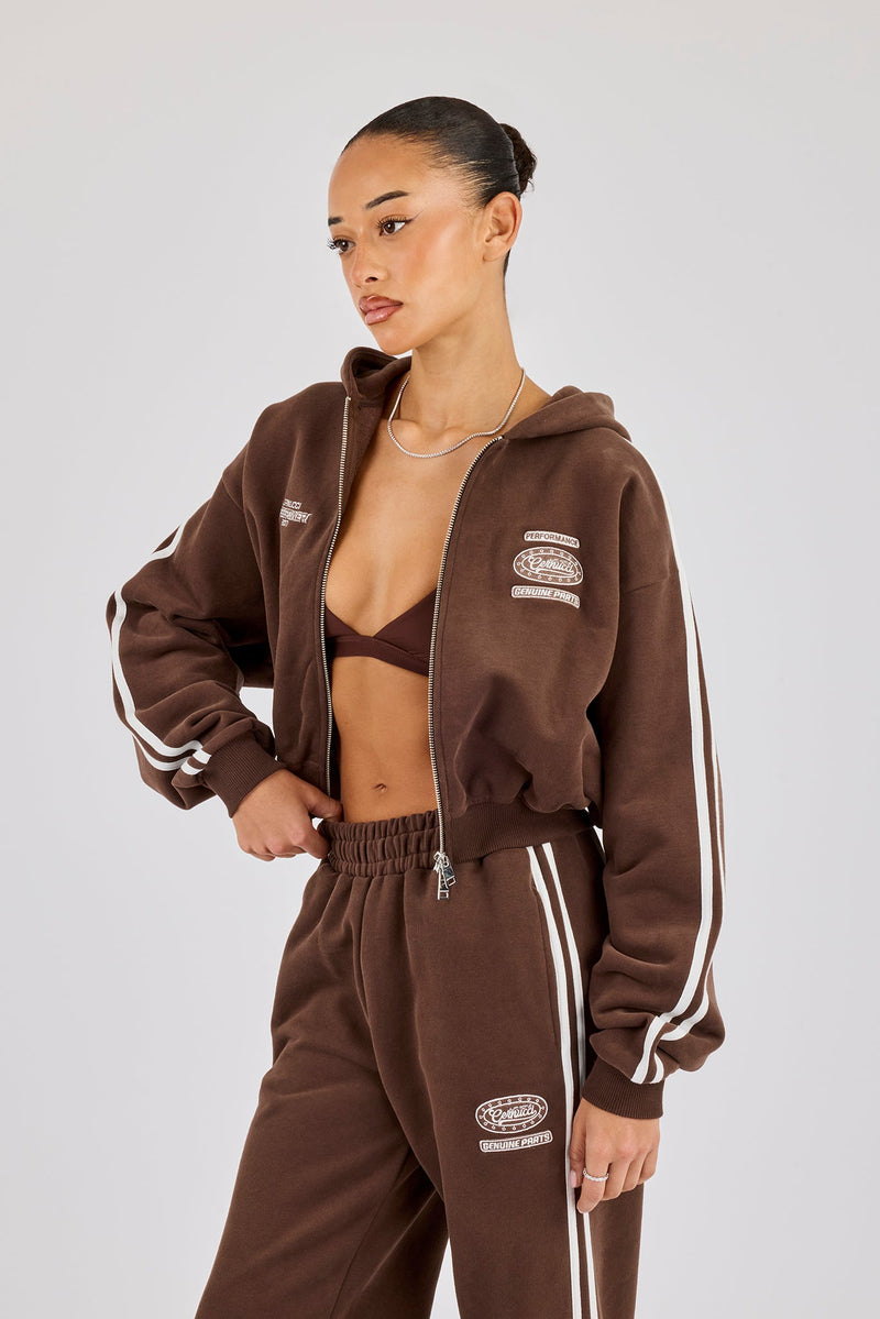 Moto Boxy Zip Through Hoodie - Washed Chocolate