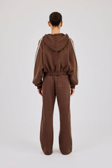 Moto Boxy Zip Through Hoodie & Wide Leg Jogger - Washed Chocolate