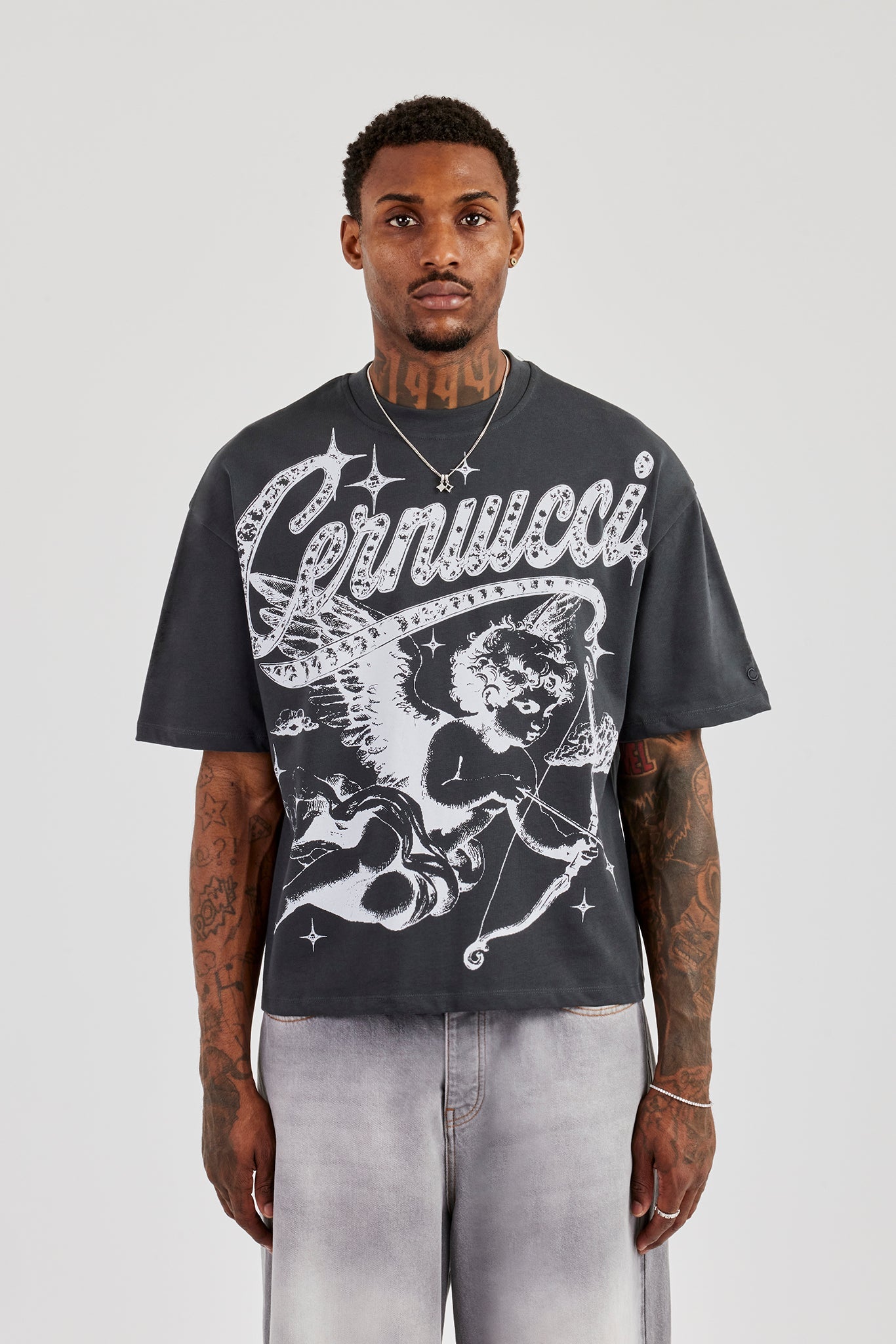 Cherub Print Boxy T-Shirt - Charcoal