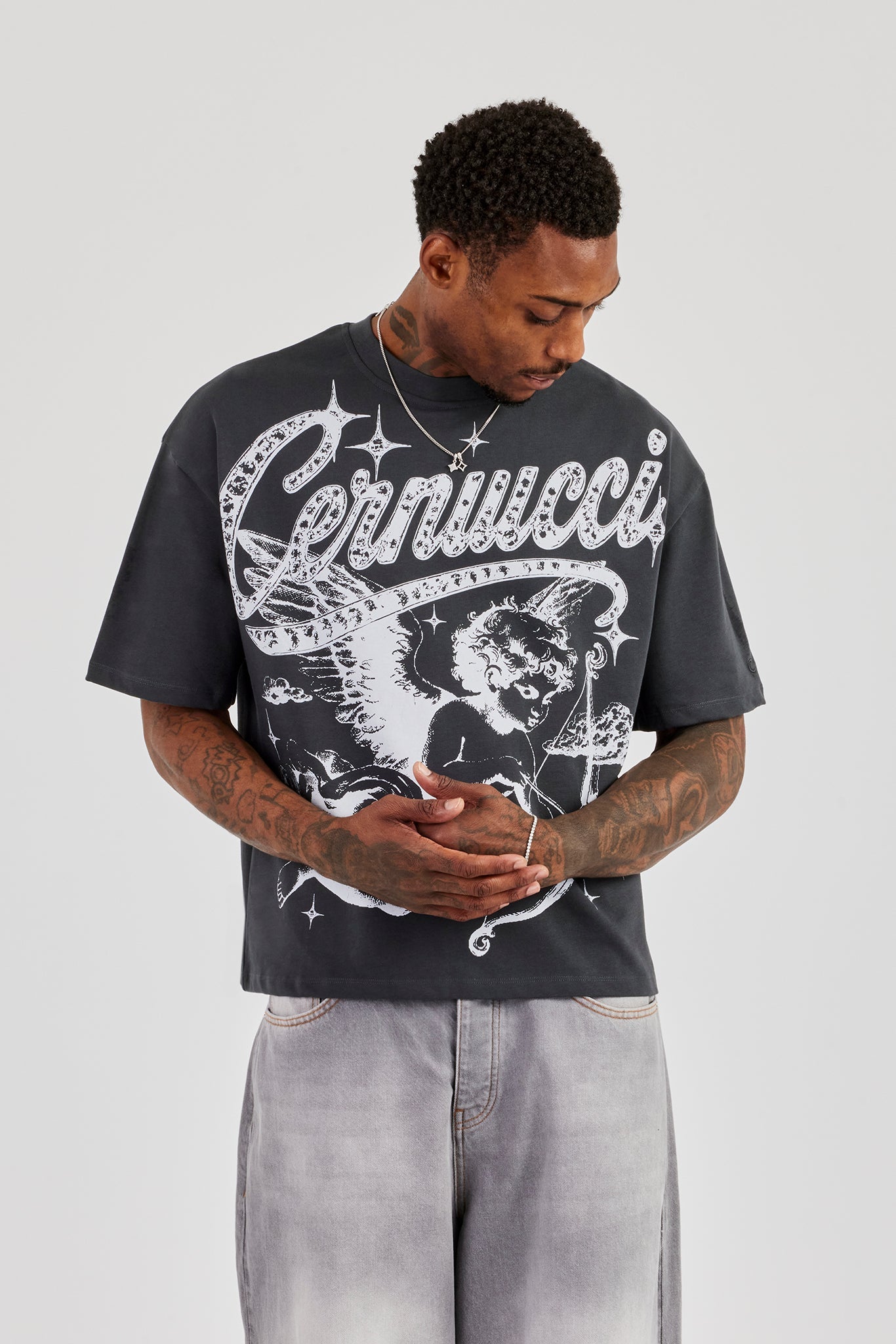 Cherub Print Boxy T-Shirt - Charcoal