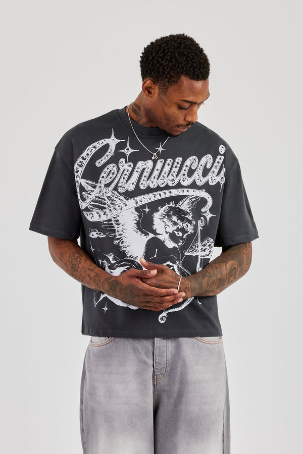 Cherub Print Boxy T-Shirt - Charcoal