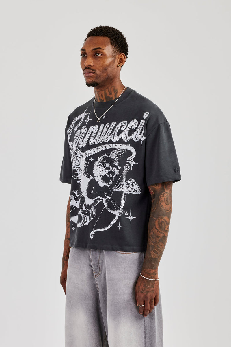 Cherub Print Boxy T-Shirt - Charcoal